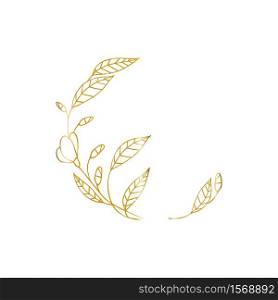 Flower gold frame badge, logo in minimalism style, liner icon. Vector emblem template for cosmetics, beauty studio, spa.