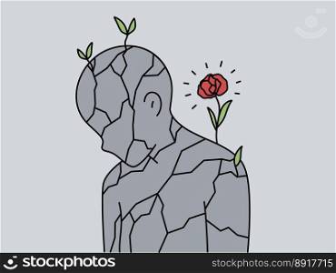 Flower growing on sto≠person suffering from lo≠li≠ss or solitude. Broken human sculpture with rose blooming. Concept of life and hope. Rebirth. Vector illustration. . Flower growing on sto≠person 