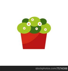 Flower houseplant in red pot, decorative plant with green leaves, botanical interior symbol. Flat design of natural element isolated on white vector. Flower Houseplant in Red Pot, Green Plant Vector