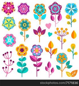 Flower icons. Cute spring garden flowers and nature elements for greeting cards, stickers, labels and tag, pretty florist scrapbook gardening decoration child plant vector set. Flower icons. Cute spring garden flowers and nature elements for greeting cards, stickers, labels and tag, pretty florist decoration vector set