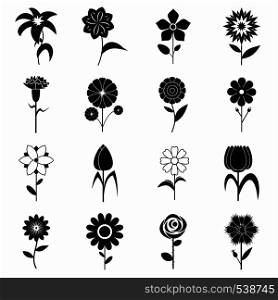 Flower icons set in black simple style for any design. Flower icons set, black simple style
