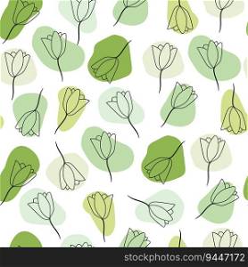 Flower in abstract green colored shapes. Minimal botanical seamless pattern. Simple repeating pattern. Pastel colors. Vector art