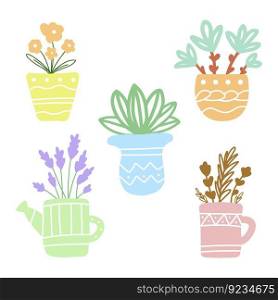 Flower in flowerpot isolated icon set. Simple doodle hand drawn vector botanical illustration. Beautiful house plant.