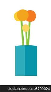 Flower in Pot. Flower in pot icon. Orange flower in blue pot. Flower icon. Design element for home and office interior. Isolated object on white background. Vector illustration.