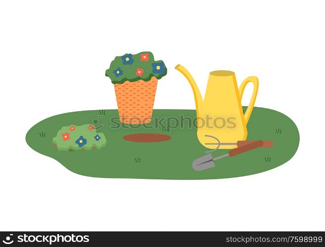 Flower in pot vector, plant growing in plastic container isolated watering can and green field with tools and bushes with flourishing and foliage. Flower Blooming in Plastic Pot on Field Vector