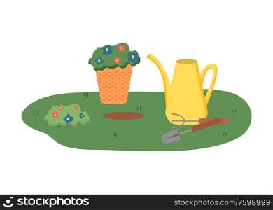 Flower in pot vector, plant growing in plastic container isolated watering can and green field with tools and bushes with flourishing and foliage. Flower Blooming in Plastic Pot on Field Vector