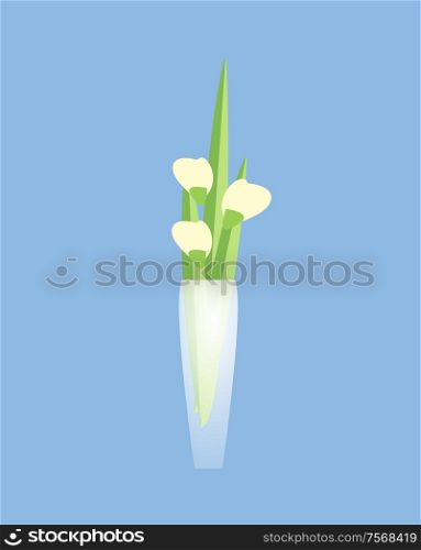 Flower in transparent vase vector, home and restaurant decor. Interior houseplant with green leaves, summer botany pot with foliage and blooming. Flower in Transparent Vase, Home Restaurant Decor