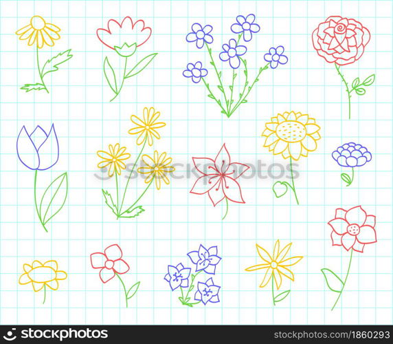 Flower. Kids drawing sketch. Doodle vector set. Hand drawn line floral collection. Cartoon chamomile, rose, tulip, sunflower and lily