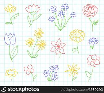 Flower. Kids drawing sketch. Doodle vector set. Hand drawn line floral collection. Cartoon chamomile, rose, tulip, sunflower and lily