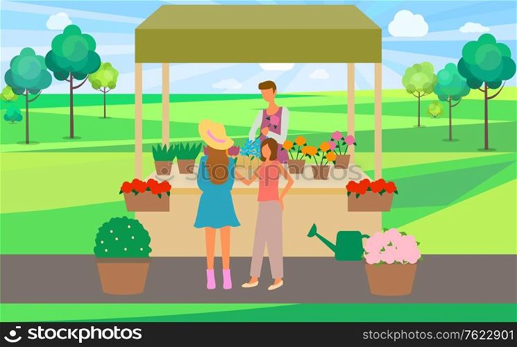 Flower kiosk with seller and clients vector, nature marketplace businessman selling person with floral bouquets, pots and watering can in tent in park flat style. Flower Shop Store with Pots and Floral Plants