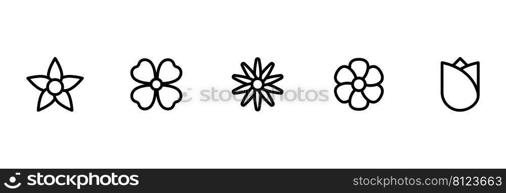 Flower line icon set. Black outline flowers collection. Vector isolated on white. 
