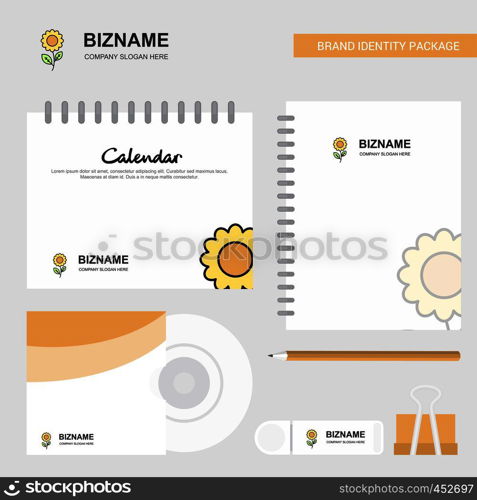 Flower Logo, Calendar Template, CD Cover, Diary and USB Brand Stationary Package Design Vector Template