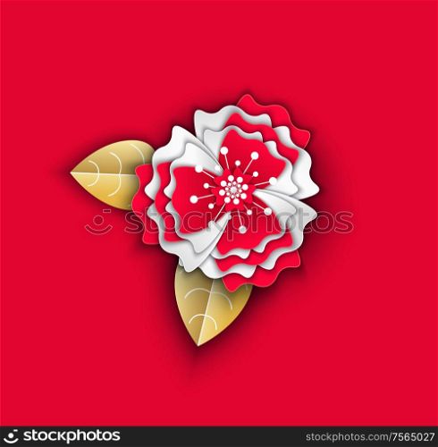 Flower made of paper decor origami for holiday vector. Isolated icon of Asian culture with flourishing and blooming. Blossom with petals celebration. Flower Made of Paper Decor Origami for Holiday