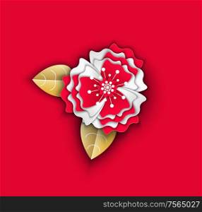 Flower made of paper decor origami for holiday vector. Isolated icon of Asian culture with flourishing and blooming. Blossom with petals celebration. Flower Made of Paper Decor Origami for Holiday