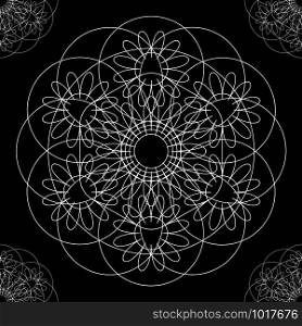 Flower mandala. Linear Graphics. Seamless pattern. Geometric symmetrical drawing. Black background. Large Items. Flower mandala. Linear Graphics. Seamless pattern. Black background. Large Items