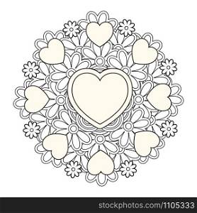 Flower mandala with hearts. Valentines day coloring page. Valentines day coloring page
