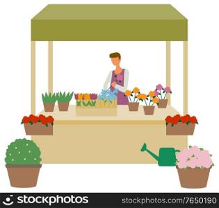 Flower market, seller at showcase isolated cartoon person. Vector florist and summer or spring plants, gardening and watering can, flowerpots and showcase. Flower Market Seller at Showcase Isolated Florist