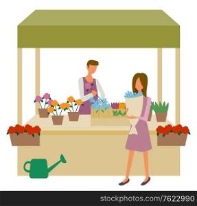 Flower market, woman choosing bouquet, seller at showcase isolated cartoon people. Vector florist and summer or spring plants, gardening and watering can. Flower Market, Woman Choosing Bouquet, Seller
