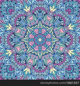 Flower medallion print. Vector seamless pattern mandala art. Psychedelic carnival poster. Abstract geometric floral mandala colorful seamless pattern ornamental.
