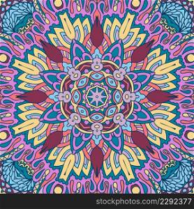 Flower medallion print. Vector seamless pattern mandala art. Psychedelic carnival poster. Mandala ethnic seamless pattern. Vector geometric carnival style print. Colorful repeating kaleidoscopic background texture.