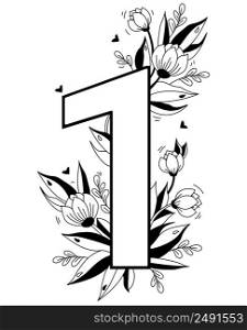 Flower number. Decorative floral pattern digit One. Big 1 with flowers, buds, branches, leaves and hearts. Vector illustration on white background. Line, outline. For greeting cards, design, decor