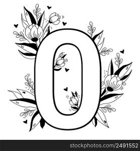 Flower number. Decorative floral pattern Digit zero. Big 0 with flowers, buds, branches, leaves and hearts. Vector illustration on white background. Line, outline. For greeting cards, design, decor