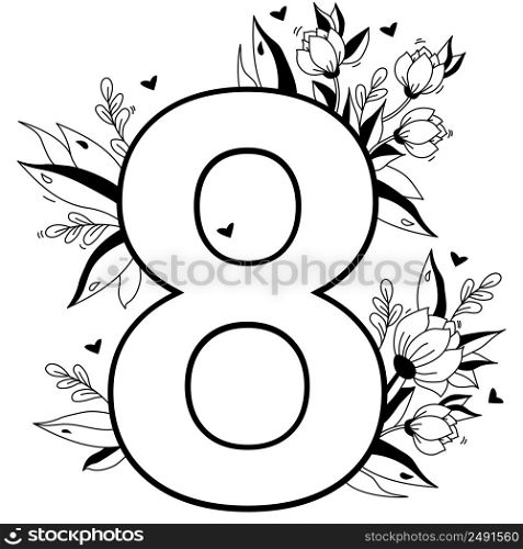 Flower number. Decorative floral pattern numbers Eight. Big 8 with flowers, buds, branches, leaves and hearts. Vector illustration. Line, outline. For greeting cards, design, decor
