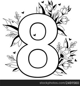 Flower number. Decorative floral pattern numbers Eight. Big 8 with flowers, buds, branches, leaves and hearts. Vector illustration. Line, outline. For greeting cards, design, decor