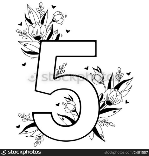 Flower number. Decorative floral pattern numbers five. Big 5 with flowers, buds, branches, leaves and hearts. Vector illustration on white background. Line, outline. For greeting cards, design, decor