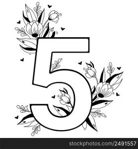 Flower number. Decorative floral pattern numbers five. Big 5 with flowers, buds, branches, leaves and hearts. Vector illustration on white background. Line, outline. For greeting cards, design, decor