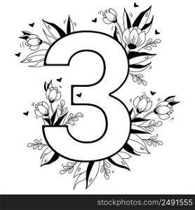 Flower number. Decorative floral pattern numbers Three. Big 3 with flowers, buds, branches, leaves and hearts. Vector illustration on white background. Line, outline. For greeting cards, design, decor