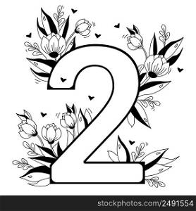 Flower number. Decorative floral pattern numbers two. Big 2 with flowers, buds, branches, leaves and hearts. Vector illustration on white background. Line, outline. For greeting cards, design, decor
