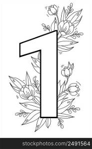 Flower number digit one. Decorative pattern 1 with flowers, tulips, buds and leaves. Vector illustration isolated on white background. Line, outline. For greeting cards, print, design and decoration