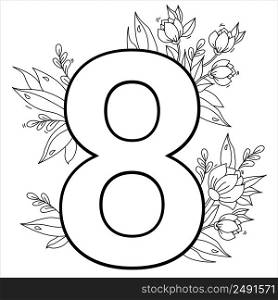 Flower number eight. Decorative pattern 8 with flowers, tulips, buds and leaves. Vector illustration isolated on white background. Line, outline. For greeting cards, print, design and decoration