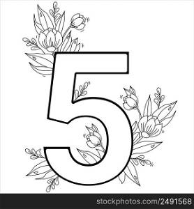 Flower number five. Decorative pattern 5 with flowers, tulips, buds and leaves. Vector illustration isolated on white background. Line, outline. For greeting cards, print, design and decoration