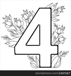 Flower number Four. Decorative pattern 4 with flowers, tulips, buds and leaves. Vector illustration isolated on white background. Line, outline. For greeting cards, print, design and decoration