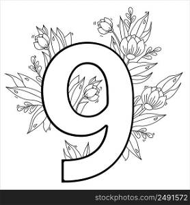 Flower number nine. Decorative pattern 9 with flowers, tulips, buds and leaves. Vector illustration isolated on white background. Line, outline. For greeting cards, print, design and decoration