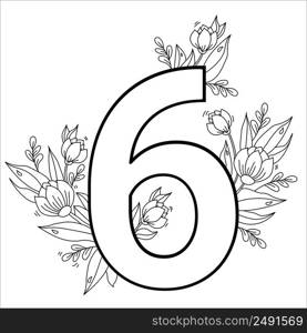 Flower number six. Decorative pattern 6 with flowers, tulips, buds and leaves. Vector illustration isolated on white background. Line, outline. For greeting cards, print, design and decoration