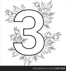Flower number three. Decorative pattern 3 with flowers, tulips, buds and leaves. Vector illustration isolated on white background. Line, outline. For greeting cards, print, design and decoration