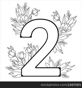 Flower number two. Decorative pattern 2 with flowers, tulips, buds and leaves. Vector illustration isolated on white background. Line, outline. For greeting cards, print, design and decoration
