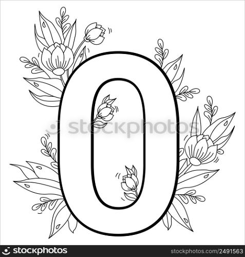 Flower number zero. Decorative pattern 0 with flowers, tulips, buds and leaves. Vector illustration isolated on white background. Line, outline. For greeting cards, print, design and decoration