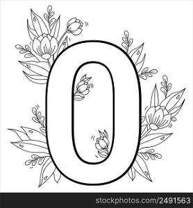 Flower number zero. Decorative pattern 0 with flowers, tulips, buds and leaves. Vector illustration isolated on white background. Line, outline. For greeting cards, print, design and decoration