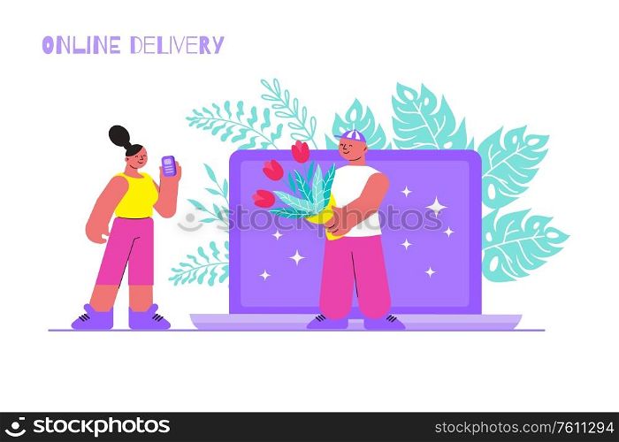 Flower online delivery flat composition with gadgets laptop and doodle human characters of people with flowers vector illustration