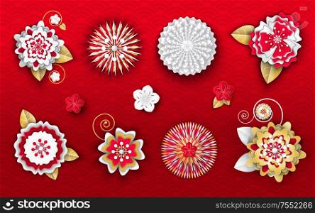 Flower origami decoration for Chinese New Year vector. Ornament with petals and leaves, blooming flora, decor for holiday spring festival celebration. Flower Origami Decoration for Chinese New Year