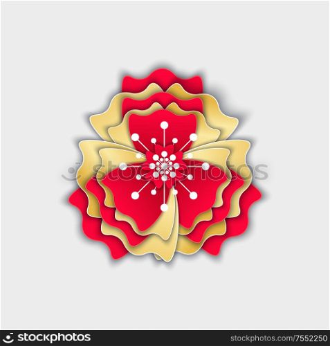 Flower origami flora decoration made of paper vector. Asian culture celebration, flourishing plant with gold and red petals, blooming and blossom. Flower Origami Flora Decoration Made of Paper