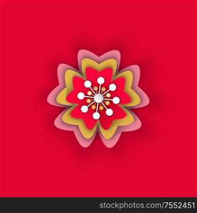 Flower origami made of paper petals of blooming vector. Isolated icon in Asian style, Chinese new year flat art. Celebration decoration of peony flora. Flower Origami Made of Paper Petals of Blooming