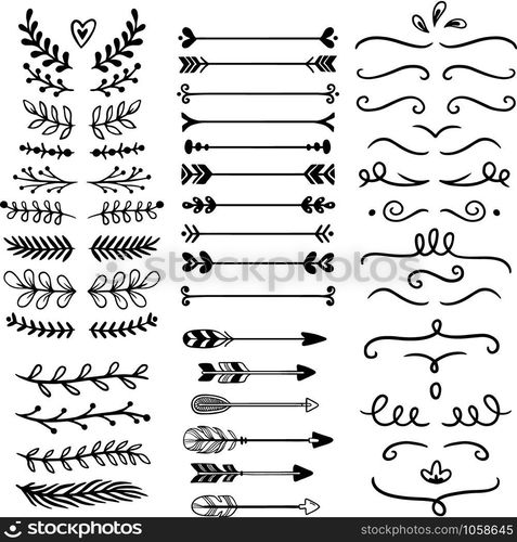 Flower ornament dividers. Hand drawn vines decoration, floral ornamental divider and sketch leaves ornaments isolated vector set