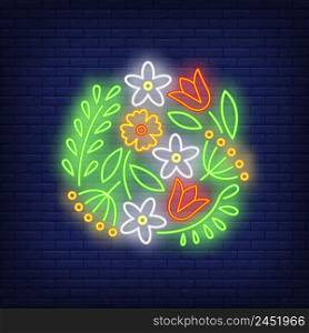 Flower pattern emblem neon sign. Flower logo design. Night bright neon sign, colorful billboard, light banner. Vector illustration in neon style.