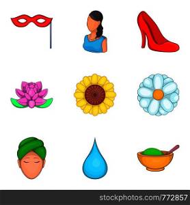 Flower perfume icons set. Cartoon set of 9 flower perfume vector icons for web isolated on white background. Flower perfume icons set, cartoon style