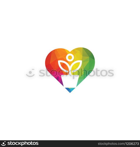 Flower pot and plant logo. Growth vector logo. Heart shaped sign.